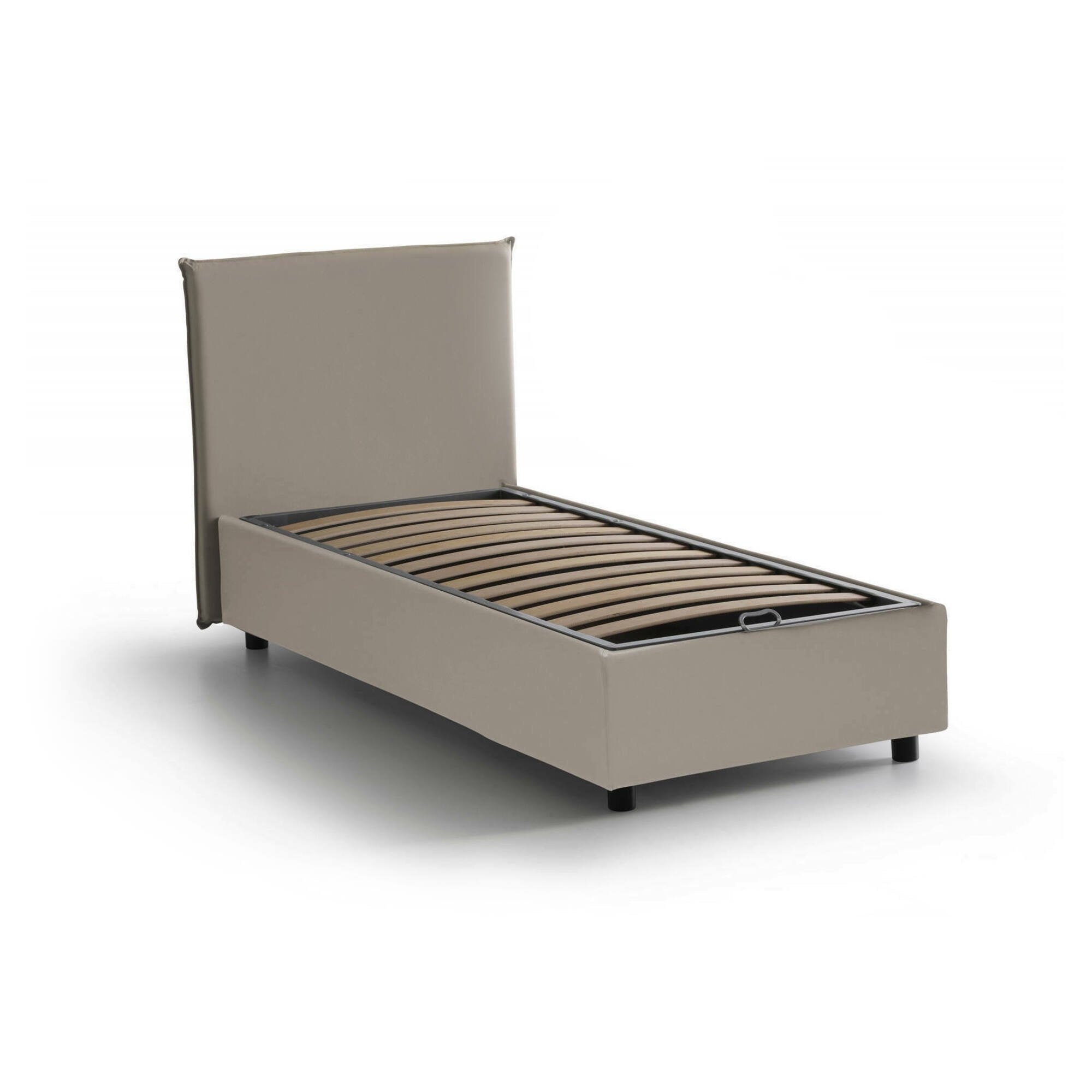 Letto singolo Atelmo, Letto contenitore con rivestimento in ecopelle, Made in Italy, Apertura frontale, adatto per materasso cm 80x200, Tortora