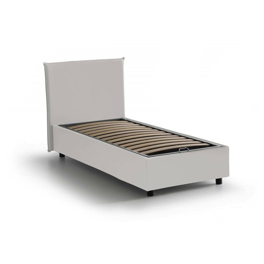 Letto singolo UmmHakim, Letto contenitore con rivestimento in ecopelle, Made in Italy, Apertura frontale, adatto per materasso cm 90x190, Bianco