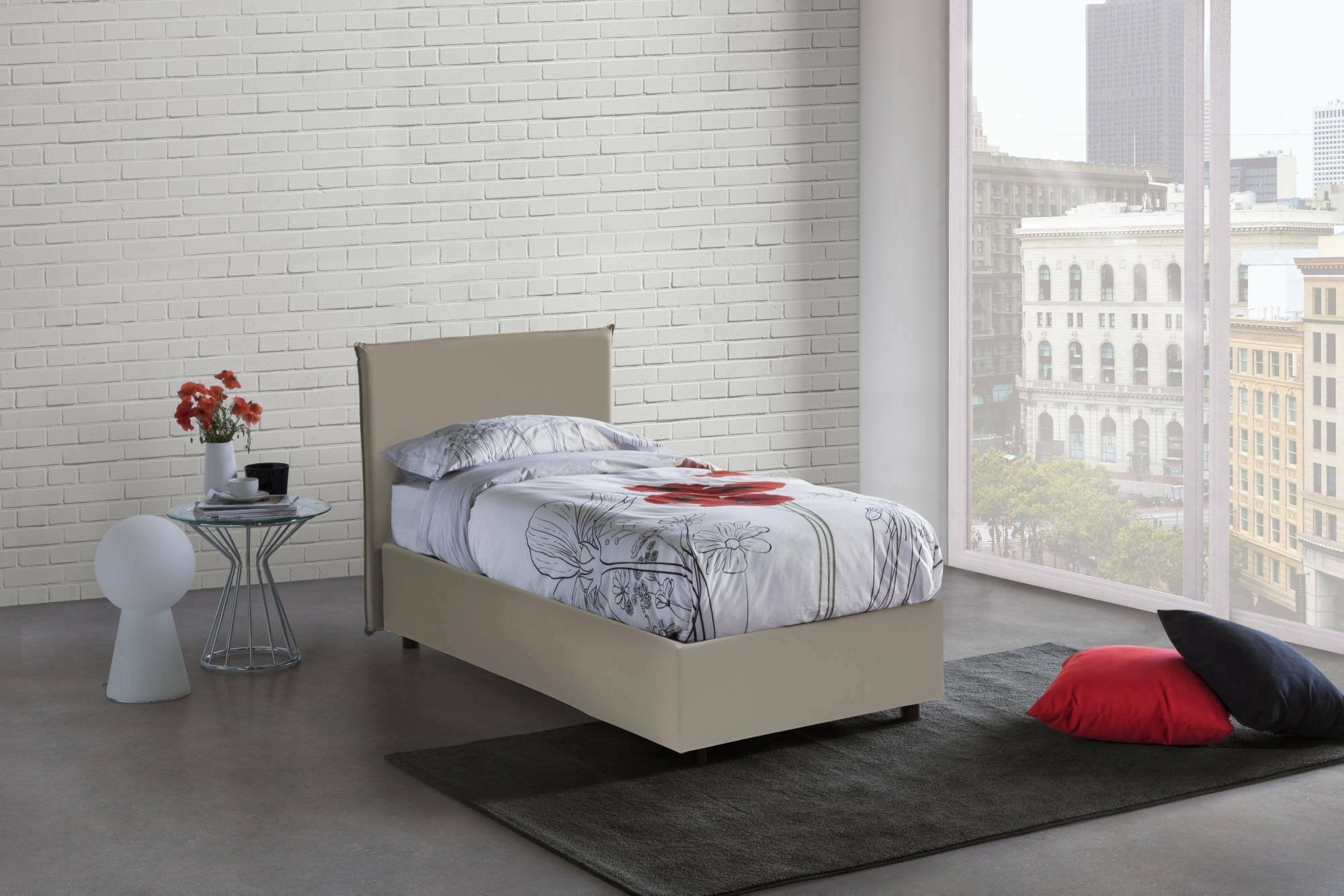 Letto singolo UmmHakim, Letto contenitore con rivestimento in ecopelle, Made in Italy, Apertura frontale, adatto per materasso cm 90x190, Tortora