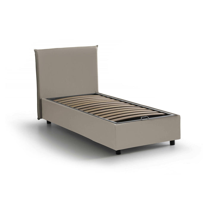 Letto singolo UmmHakim, Letto contenitore con rivestimento in ecopelle, Made in Italy, Apertura frontale, adatto per materasso cm 90x190, Tortora