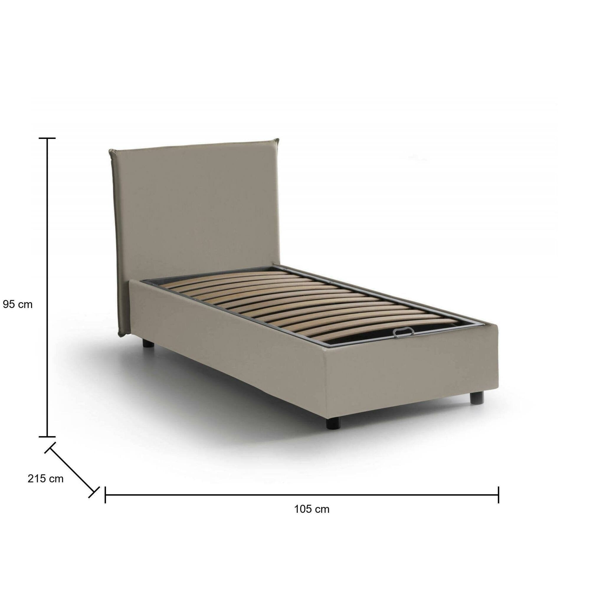 Letto singolo ArtemisiaI, Letto contenitore con rivestimento in ecopelle, Made in Italy, Apertura frontale, adatto per materasso cm 90x200, Tortora