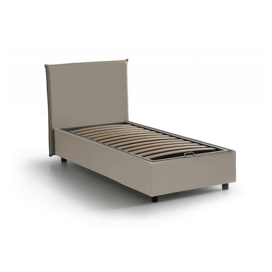Letto singolo ArtemisiaI, Letto contenitore con rivestimento in ecopelle, Made in Italy, Apertura frontale, adatto per materasso cm 90x200, Tortora