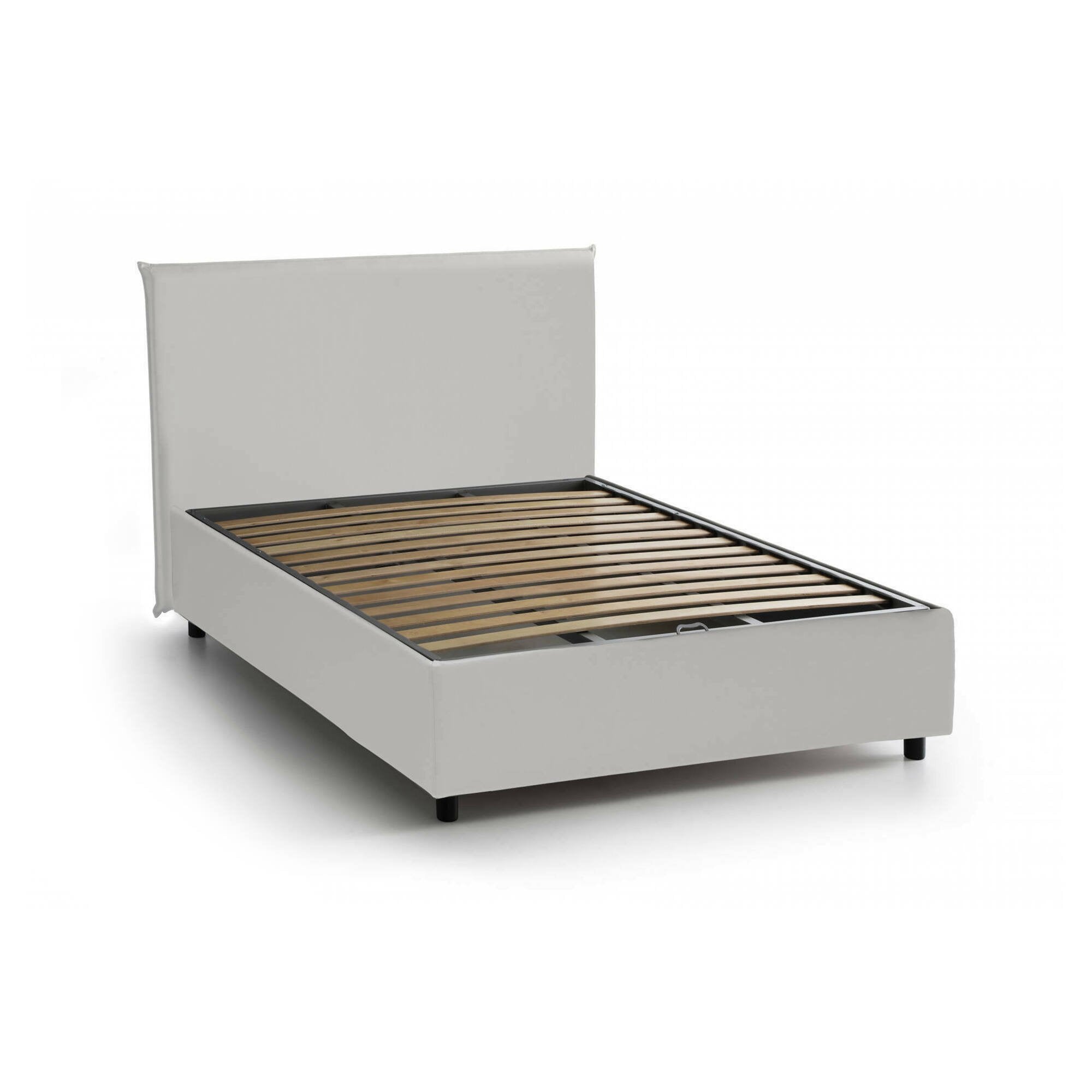 Letto piazza e mezza April, Letto contenitore con rivestimento in ecopelle, Made in Italy, Apertura frontale, adatto per materasso cm 120x200, Bianco