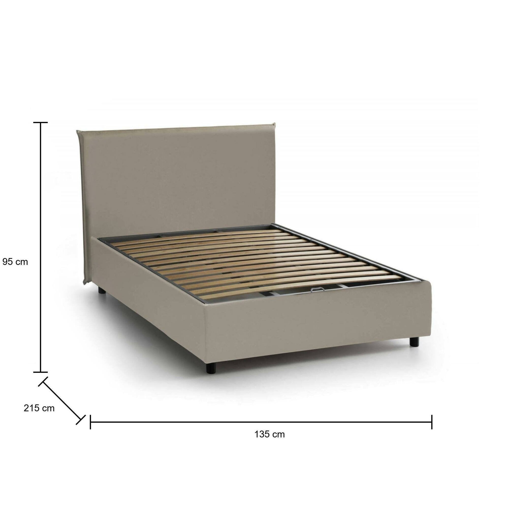 Letto piazza e mezza April, Letto contenitore con rivestimento in ecopelle, Made in Italy, Apertura frontale, adatto per materasso cm 120x200, Tortora
