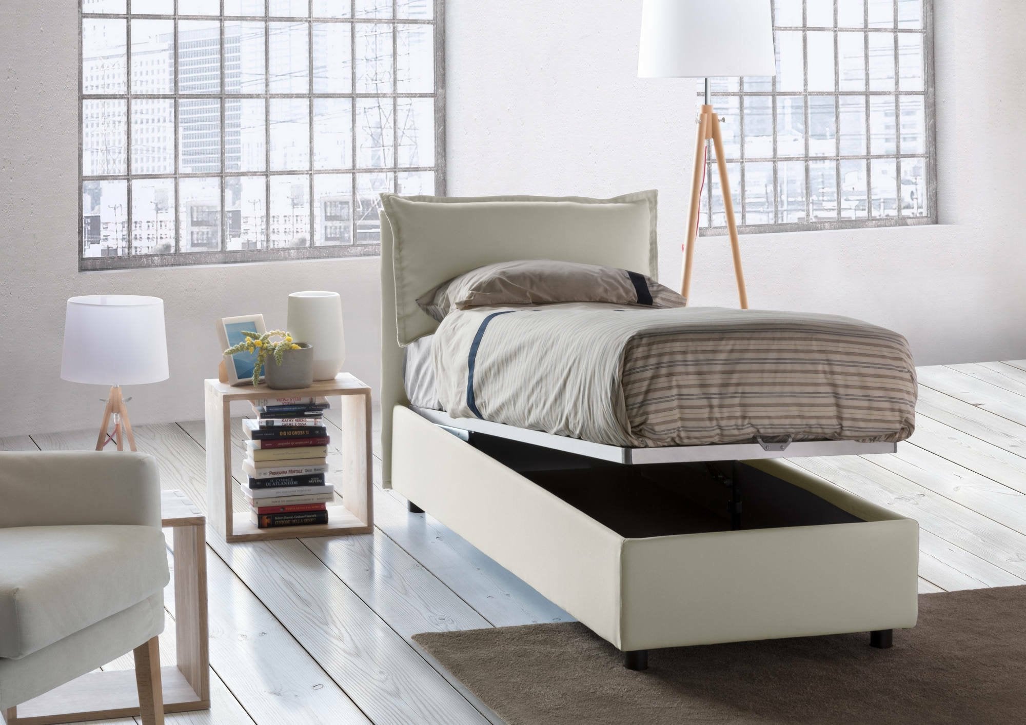 Letto singolo Aigor, Letto contenitore con rivestimento in tessuto, Made in Italy, Apertura frontale, adatto per materasso cm 90x190, Beige