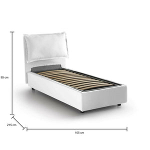 Letto singolo Abroghat, Letto contenitore con rivestimento in tessuto, Made in Italy, Apertura frontale, adatto per materasso cm 90x200, Bianco