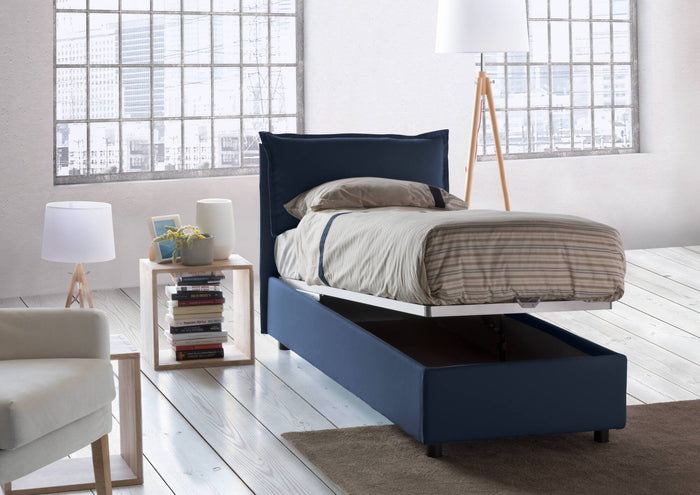 Letto singolo Abroghat, Letto contenitore con rivestimento in tessuto, Made in Italy, Apertura frontale, adatto per materasso cm 90x200, Blu