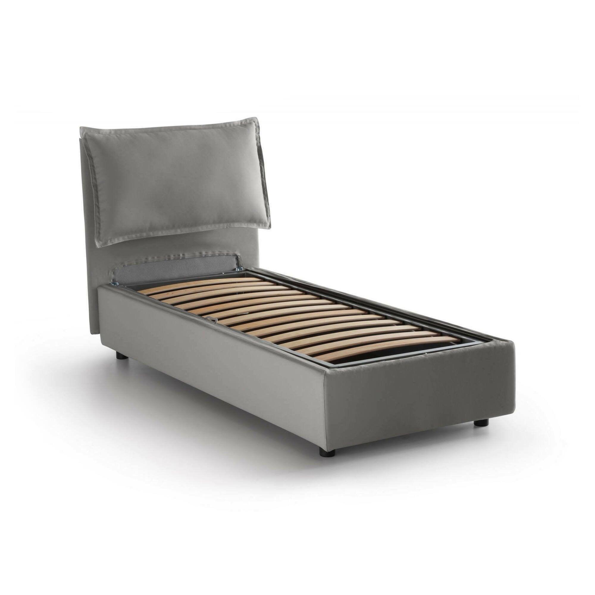 Letto singolo Abroghat, Letto contenitore con rivestimento in tessuto, Made in Italy, Apertura frontale, adatto per materasso cm 90x200, Grigio