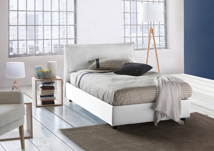 Letto piazza e mezza Arnaldo, Letto contenitore con rivestimento in tessuto, Made in Italy, Apertura frontale, adatto per materasso cm 120x200, Bianco