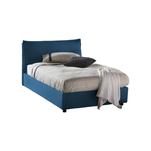 Letto piazza e mezza Arnaldo, Letto contenitore con rivestimento in tessuto, Made in Italy, Apertura frontale, adatto per materasso cm 120x200, Blu