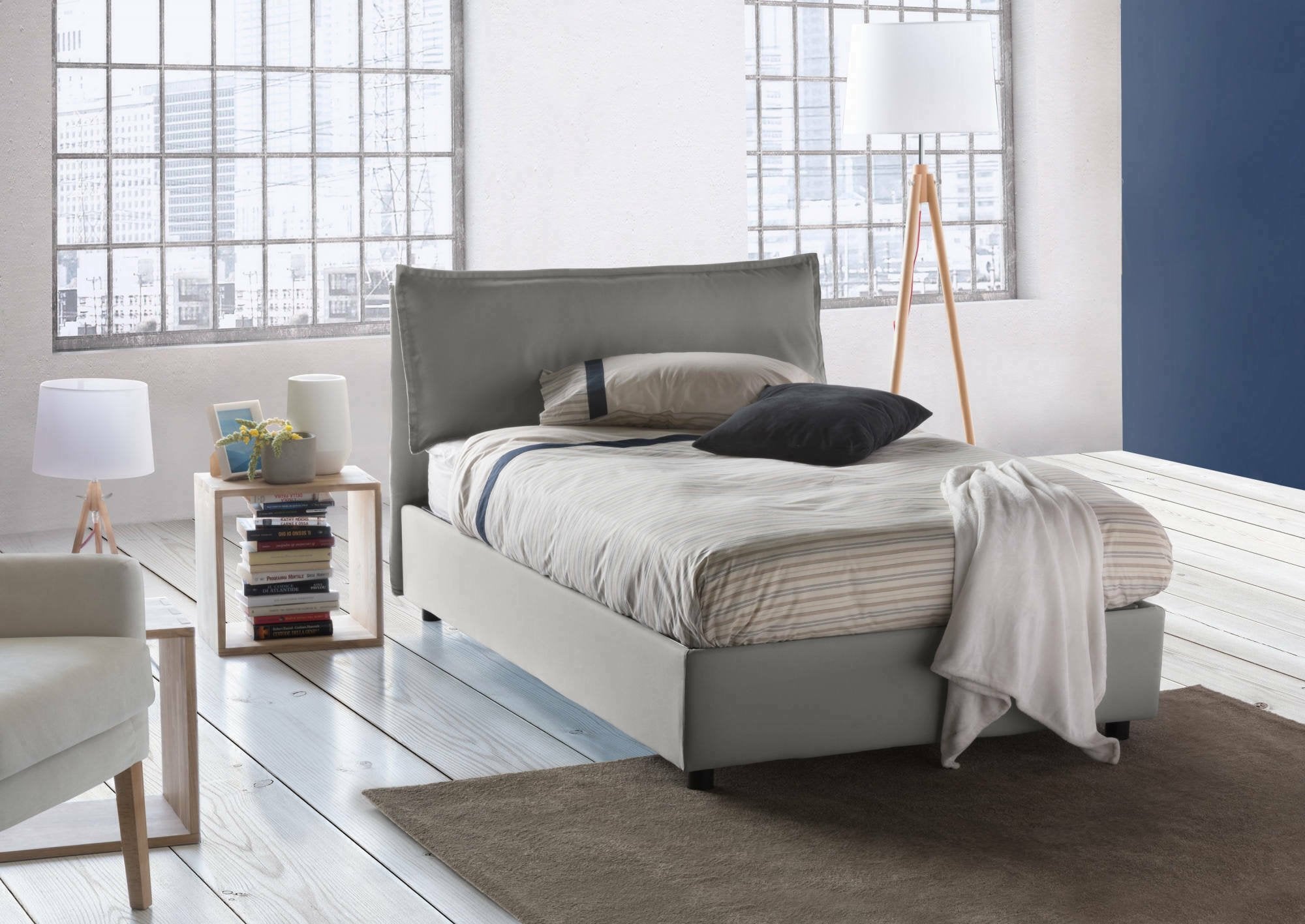 Letto piazza e mezza Arnaldo, Letto contenitore con rivestimento in tessuto, Made in Italy, Apertura frontale, adatto per materasso cm 120x200, Grigio