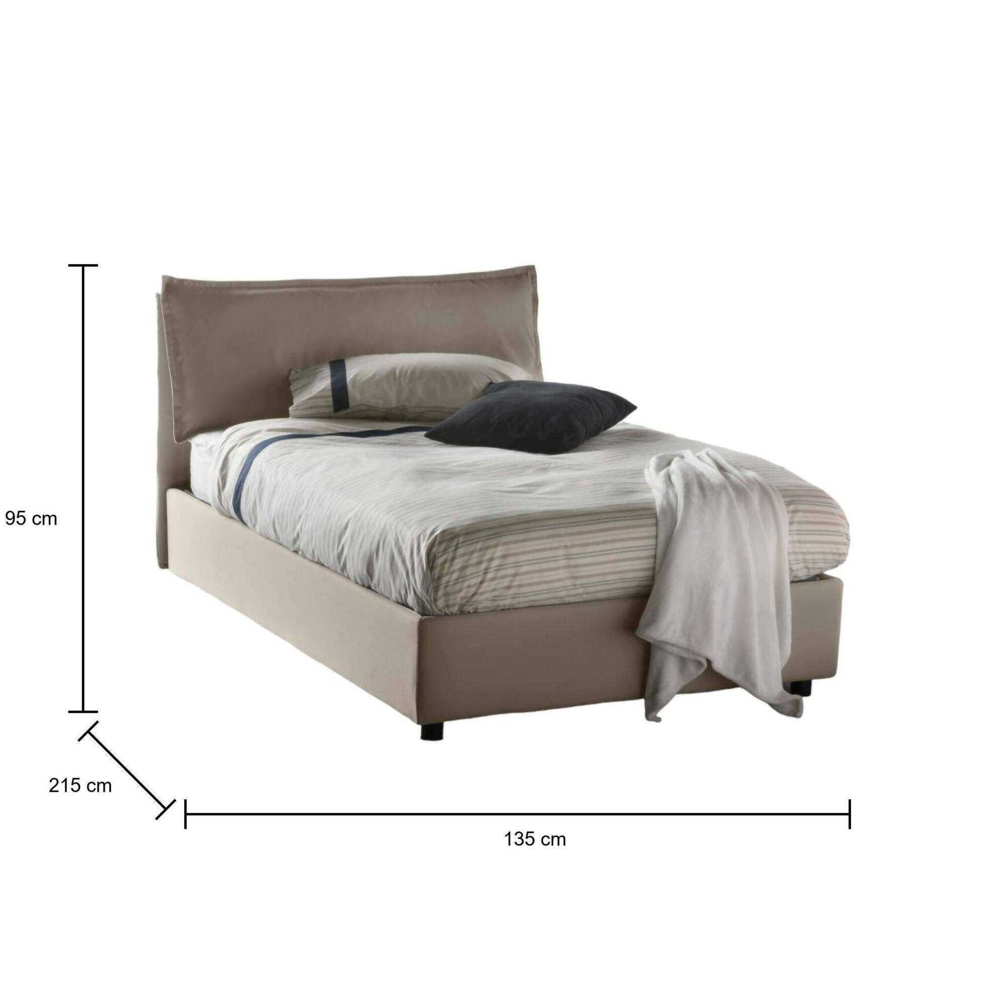 Letto piazza e mezza Arnaldo, Letto contenitore con rivestimento in tessuto, Made in Italy, Apertura frontale, adatto per materasso cm 120x200, Tortora