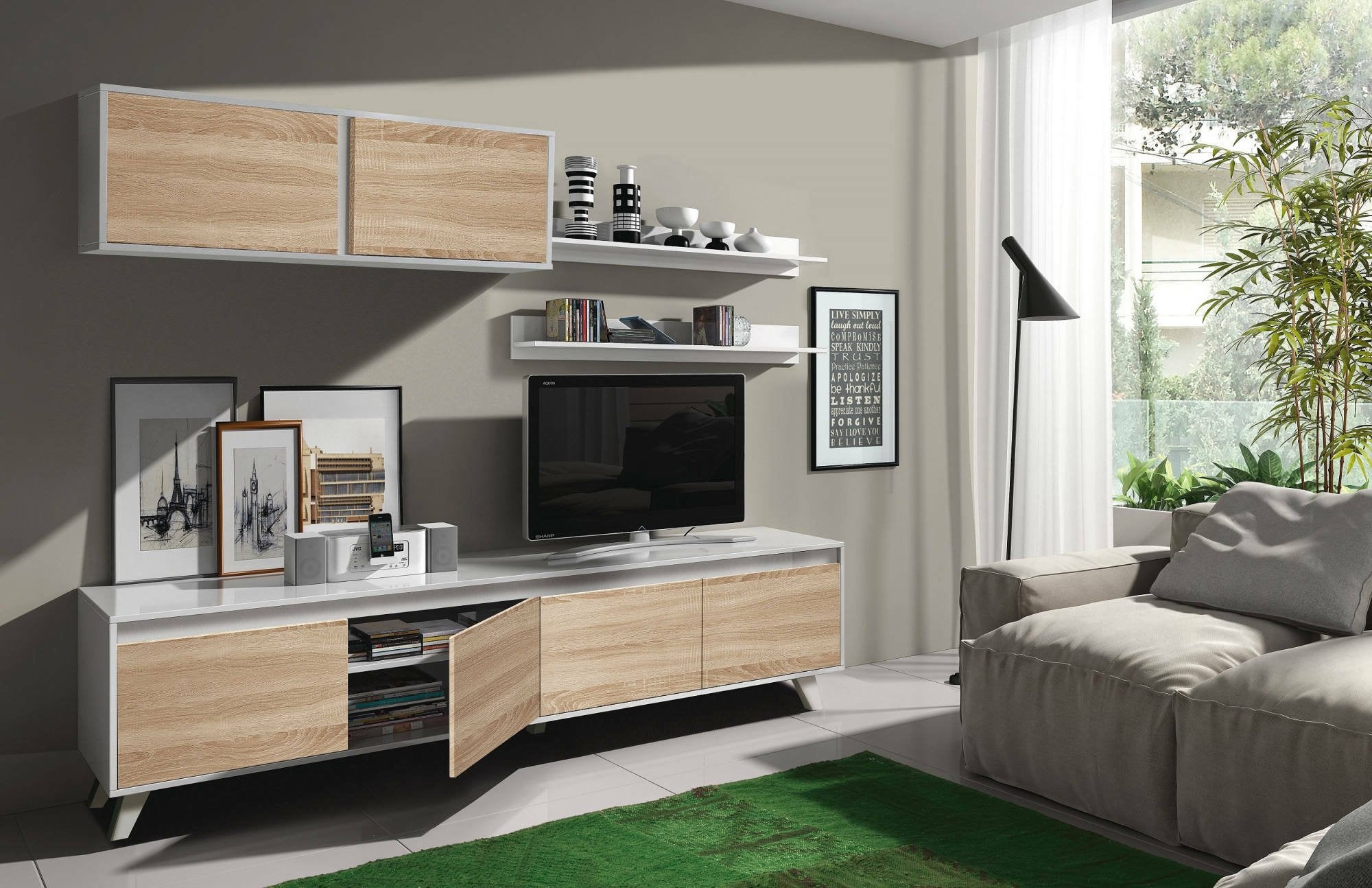 Parete attrezzata Anguria, Mobile da soggiorno porta TV, Composizione per salotto con pensile e mensola, cm 200x50h41, Bianco e Rovere