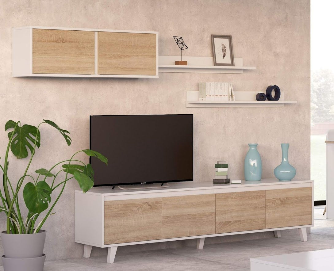 Parete attrezzata Anguria, Mobile da soggiorno porta TV, Composizione per salotto con pensile e mensola, cm 200x50h41, Bianco e Rovere