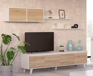 Parete attrezzata Anguria, Mobile da soggiorno porta TV, Composizione per salotto con pensile e mensola, cm 200x50h41, Bianco e Rovere