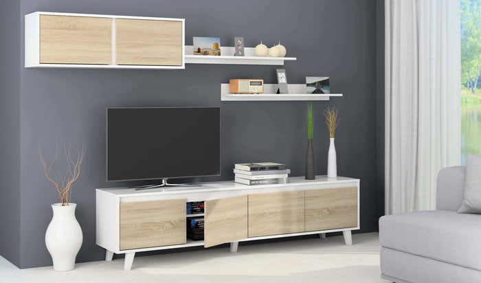 Parete attrezzata Anguria, Mobile da soggiorno porta TV, Composizione per salotto con pensile e mensola, cm 200x50h41, Bianco e Rovere