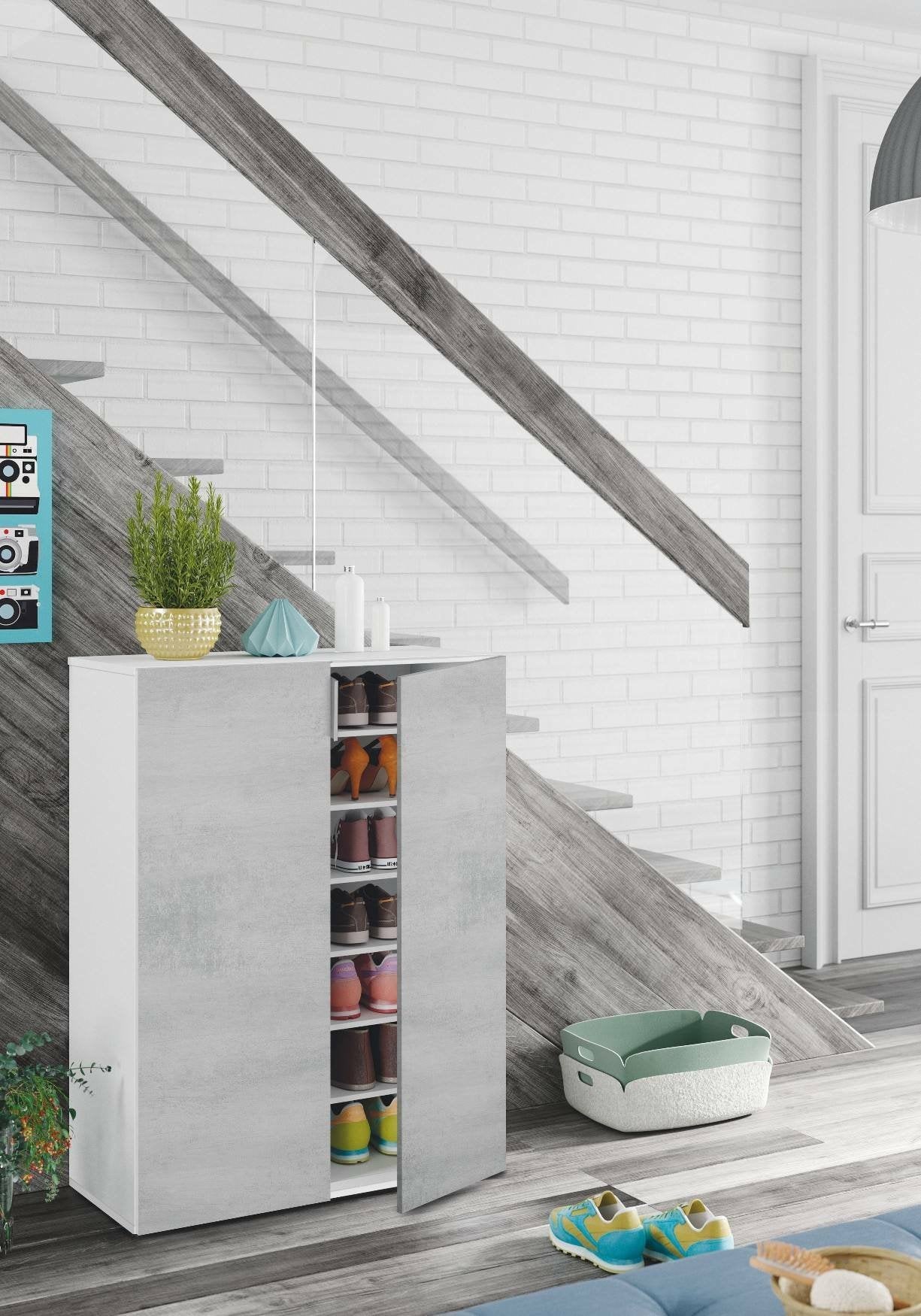 Scarpiera Athenodora, Armadio portascarpe a 2 ante, Mobile basso multiuso con 6 ripiani, Scarpiera moderna, cm 70x36h103, Cemento e Bianco