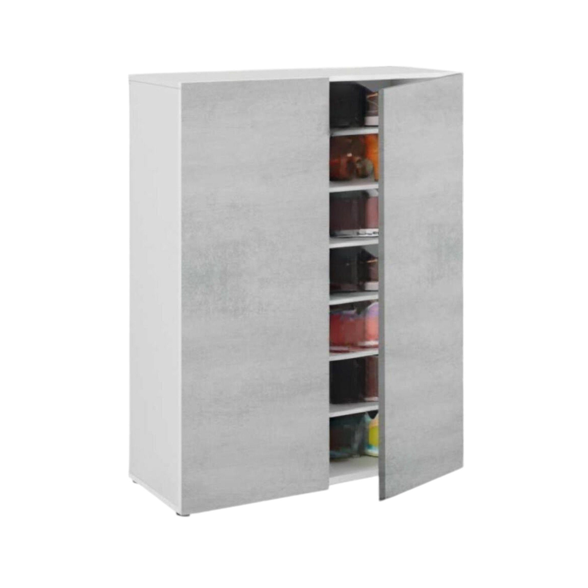 Scarpiera Athenodora, Armadio portascarpe a 2 ante, Mobile basso multiuso con 6 ripiani, Scarpiera moderna, cm 70x36h103, Cemento e Bianco