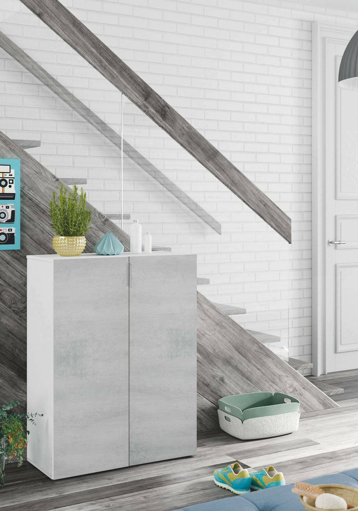 Scarpiera Athenodora, Armadio portascarpe a 2 ante, Mobile basso multiuso con 6 ripiani, Scarpiera moderna, cm 70x36h103, Cemento e Bianco