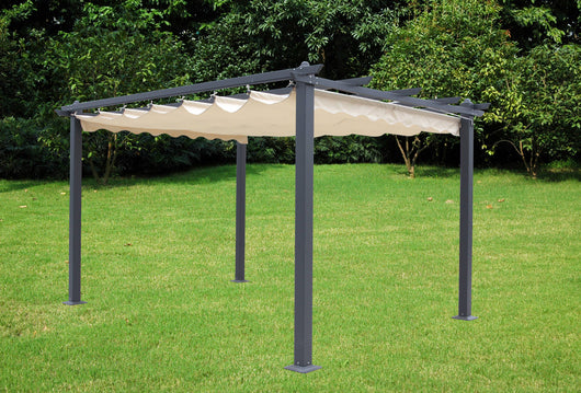 Pergola da giardino con tettuccio a scorrimento, struttura color antracite e telo color ecrù, 300 x 400 cm