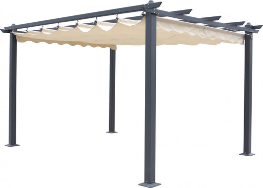 Pergola da giardino con tettuccio a scorrimento, struttura color antracite e telo color ecrù, 300 x 400 cm