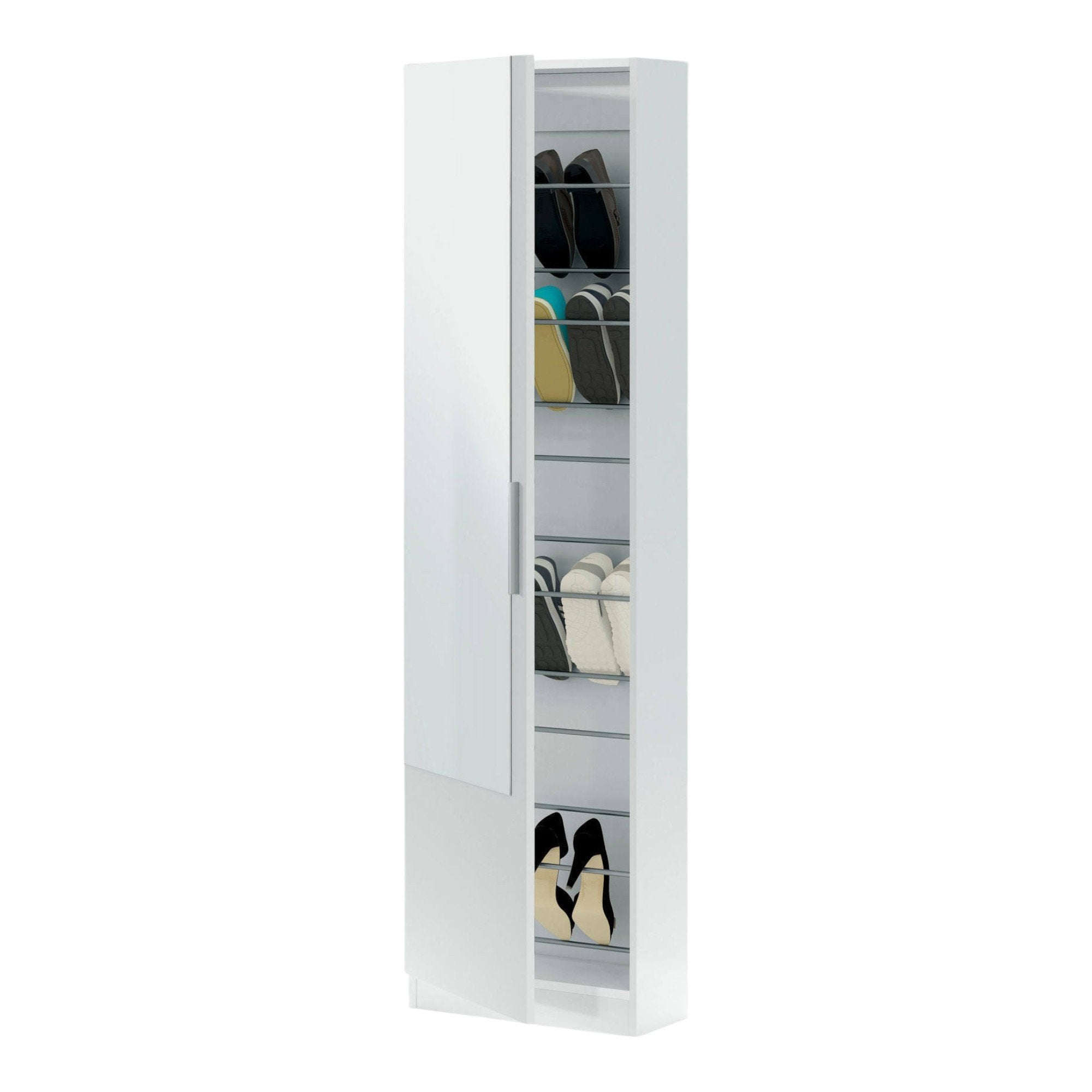 Scarpiera Euro, Armadio portascarpe alta a 1 anta, Mobile portascarpe moderno, Armadio da ingresso con specchio, cm 50x22h180, Bianco