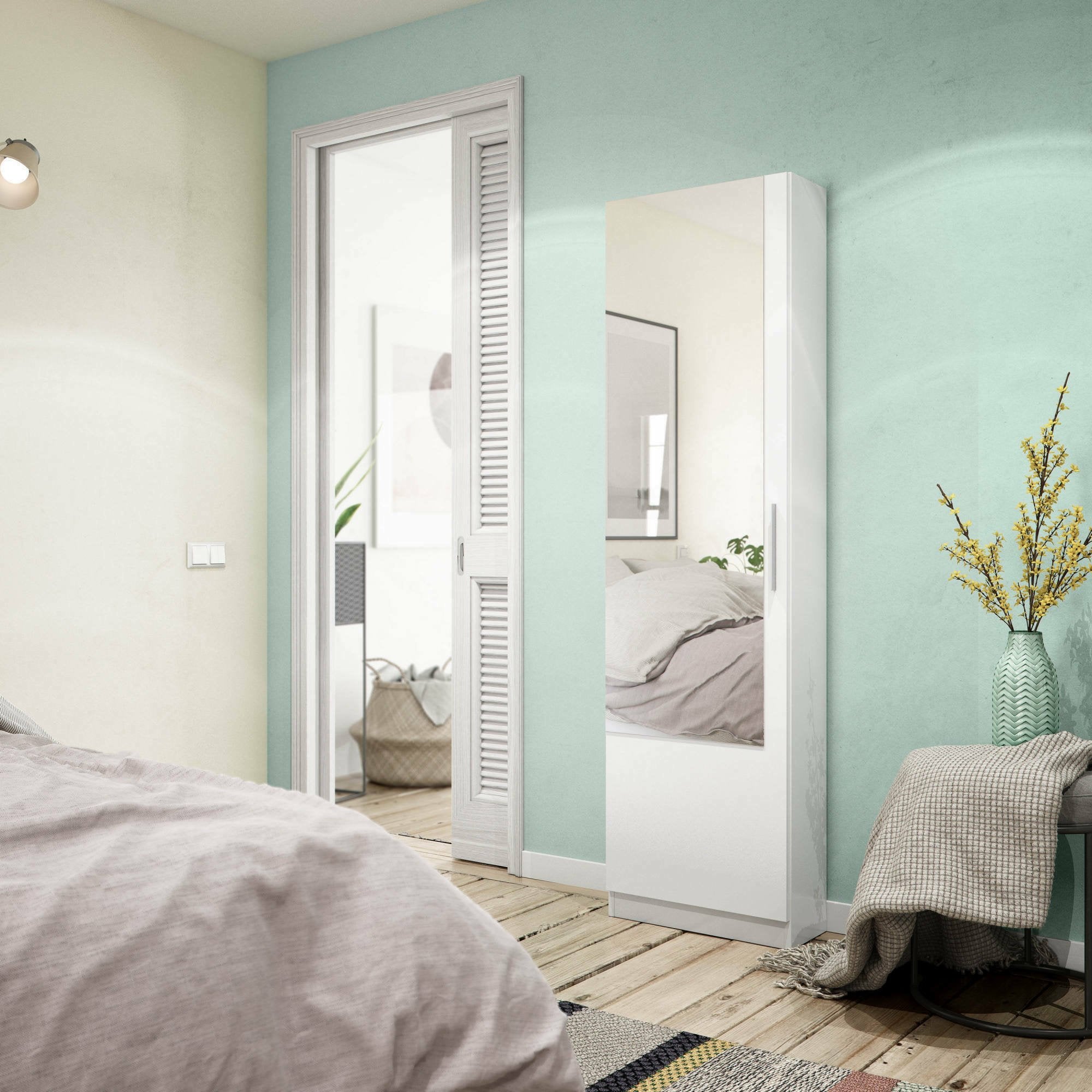 Scarpiera Euro, Armadio portascarpe alta a 1 anta, Mobile portascarpe moderno, Armadio da ingresso con specchio, cm 50x22h180, Bianco