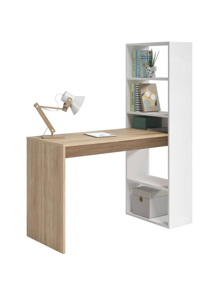Scrivania Ali, Scrittoio reversibile con libreria a 5 ripiani, Tavolo da studio o ufficio porta PC portalibri, cm 120x53h144, Bianco e Rovere