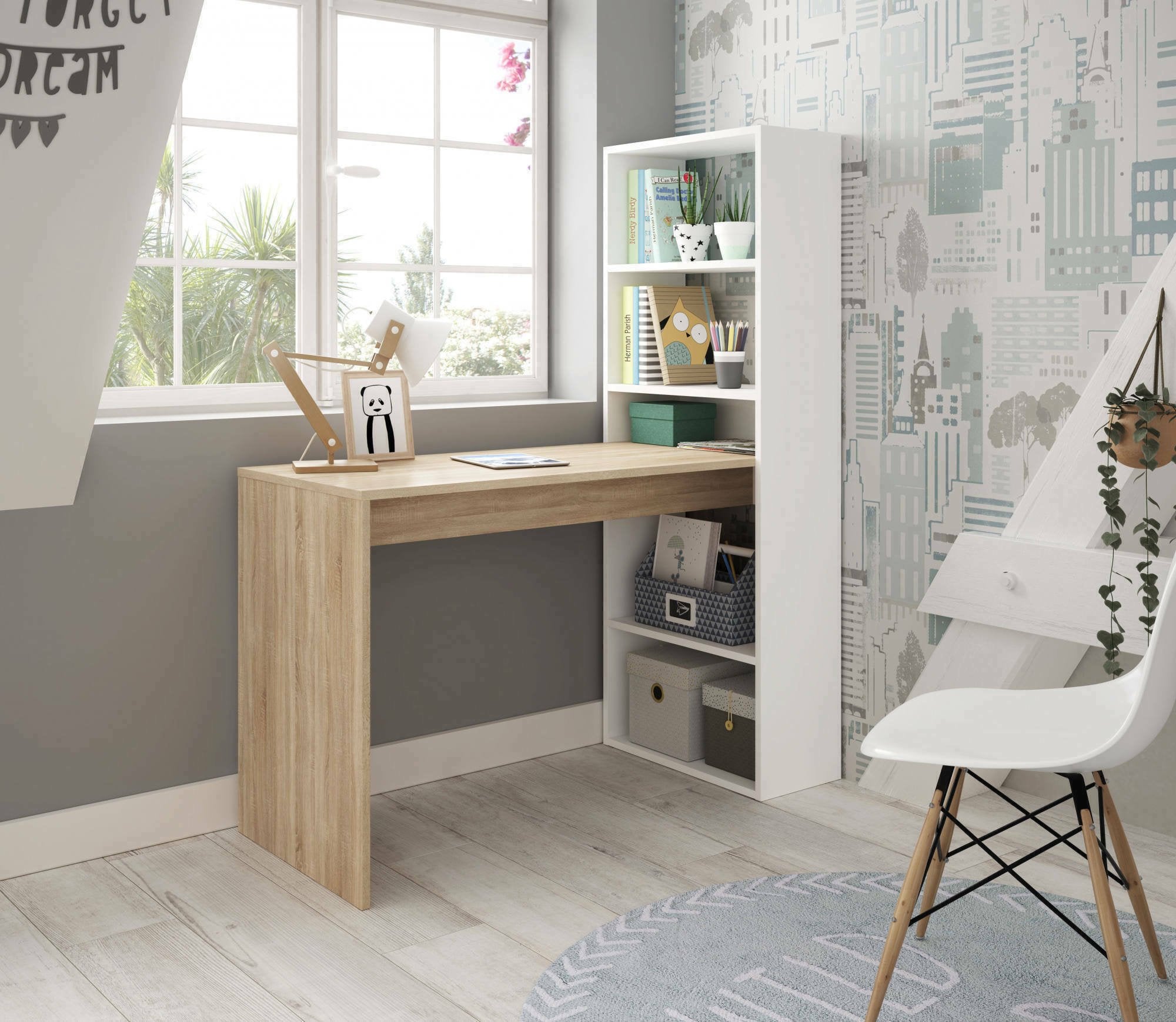 Scrivania Ali, Scrittoio reversibile con libreria a 5 ripiani, Tavolo da studio o ufficio porta PC portalibri, cm 120x53h144, Bianco e Rovere