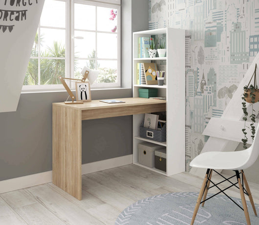 Scrivania Ali, Scrittoio reversibile con libreria a 5 ripiani, Tavolo da studio o ufficio porta PC portalibri, cm 120x53h144, Bianco e Rovere