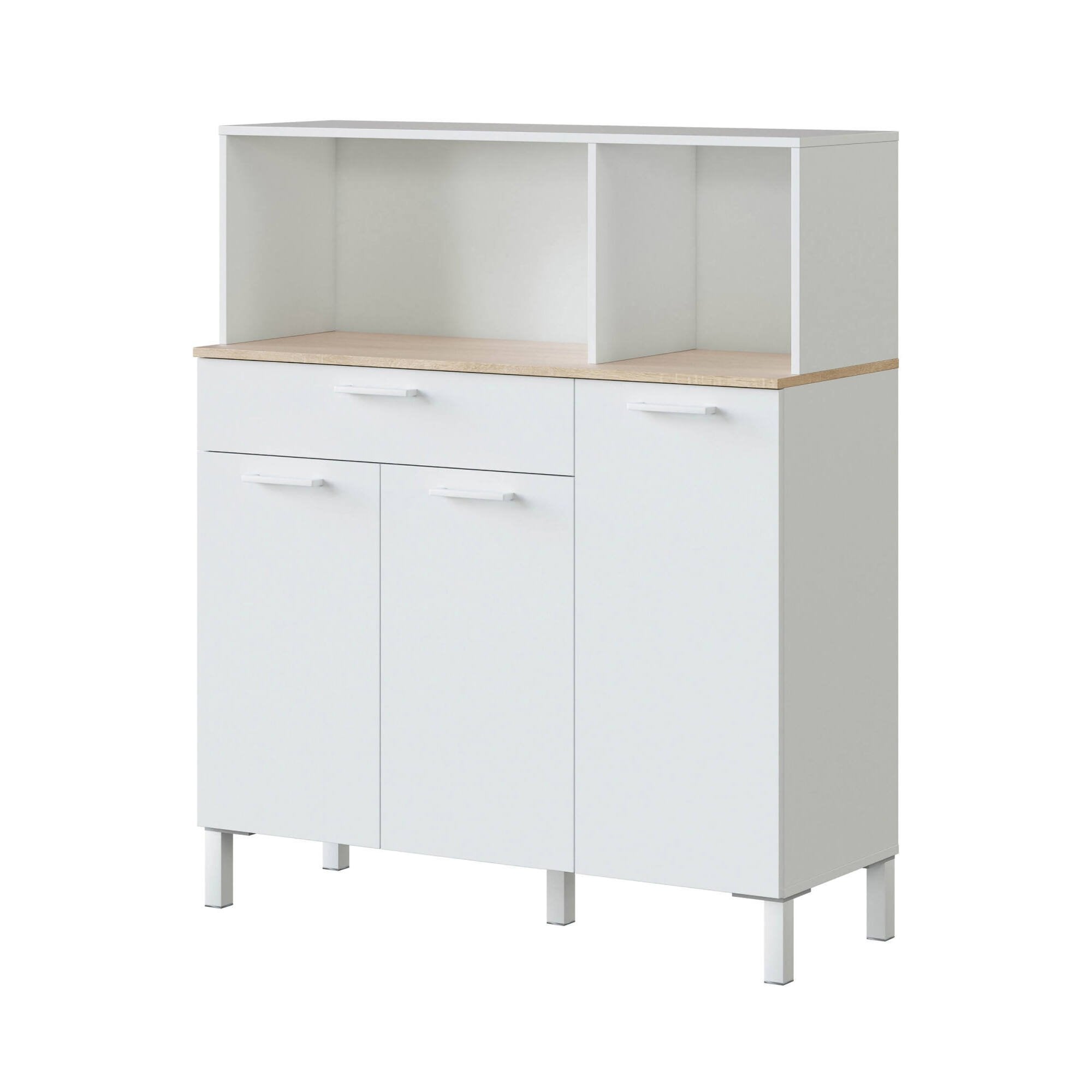 Armadio multiuso Angstrom, Mobile ausiliario da cucina, Credenza a 3 ante e 1 cassetto con ripiani, Armadio aperto, cm 108x40h126, Bianco e Rovere