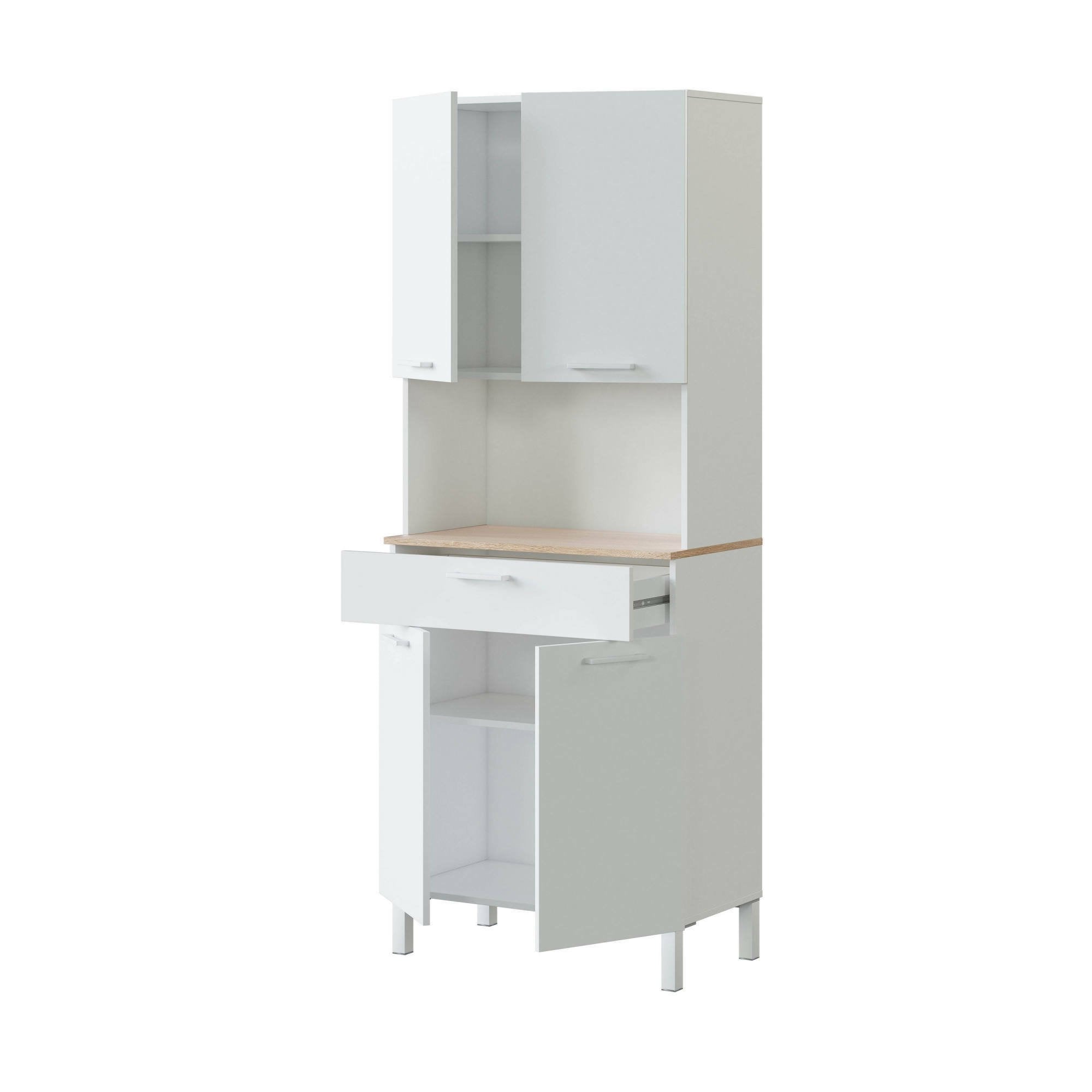 Armadio multiuso Dicentra, Mobile ausiliario da cucina, Credenza a 4 ante e 1 cassetto con ripiani, Armadio aperto, cm 72x40h186, Bianco e Rovere