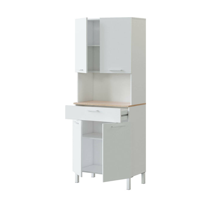 Armadio multiuso Dicentra, Mobile ausiliario da cucina, Credenza a 4 ante e 1 cassetto con ripiani, Armadio aperto, cm 72x40h186, Bianco e Rovere