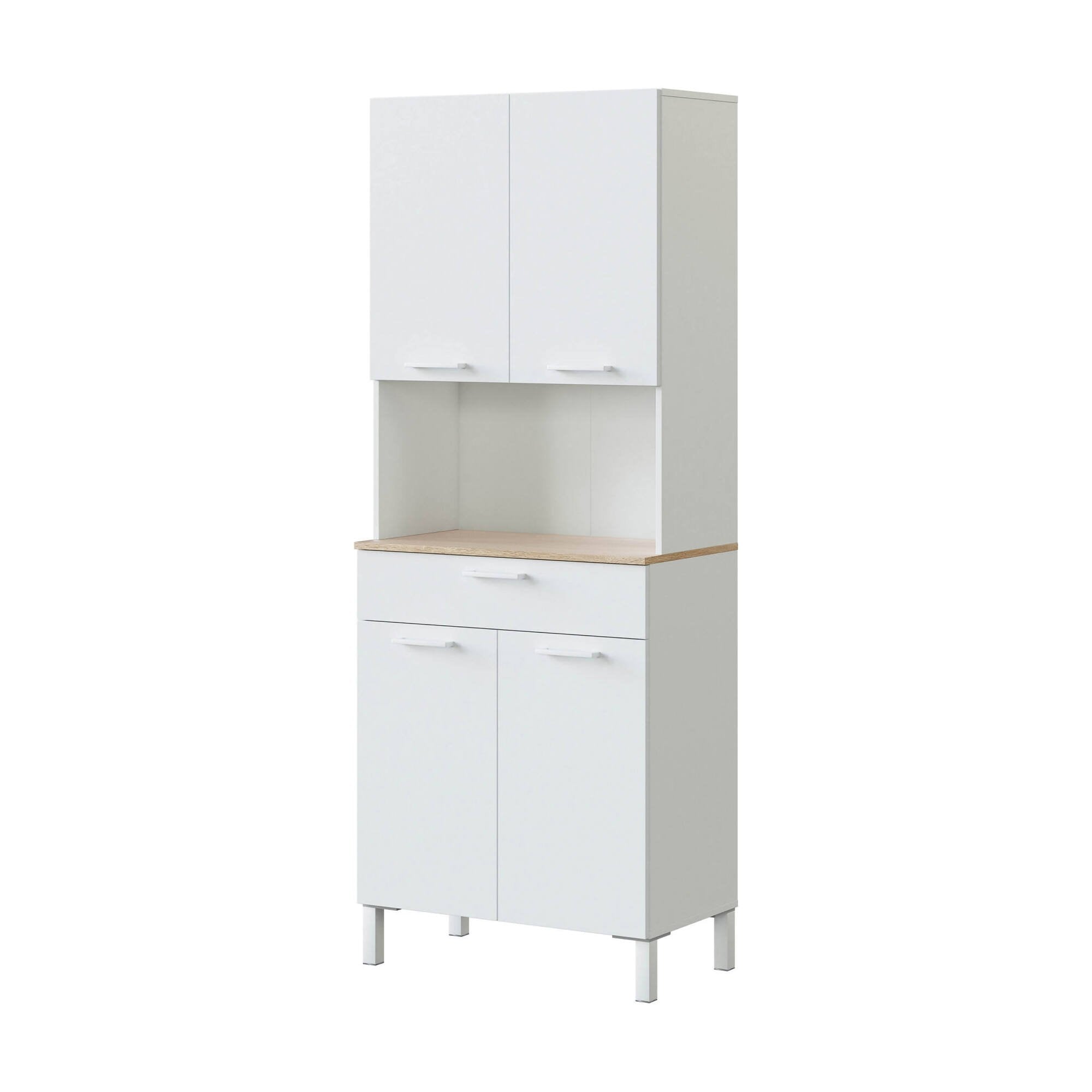 Armadio multiuso Dicentra, Mobile ausiliario da cucina, Credenza a 4 ante e 1 cassetto con ripiani, Armadio aperto, cm 72x40h186, Bianco e Rovere