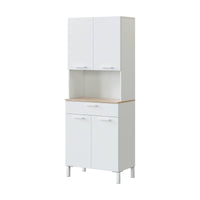 Armadio multiuso Dicentra, Mobile ausiliario da cucina, Credenza a 4 ante e 1 cassetto con ripiani, Armadio aperto, cm 72x40h186, Bianco e Rovere