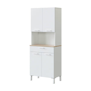 Armadio multiuso Dicentra, Mobile ausiliario da cucina, Credenza a 4 ante e 1 cassetto con ripiani, Armadio aperto, cm 72x40h186, Bianco e Rovere