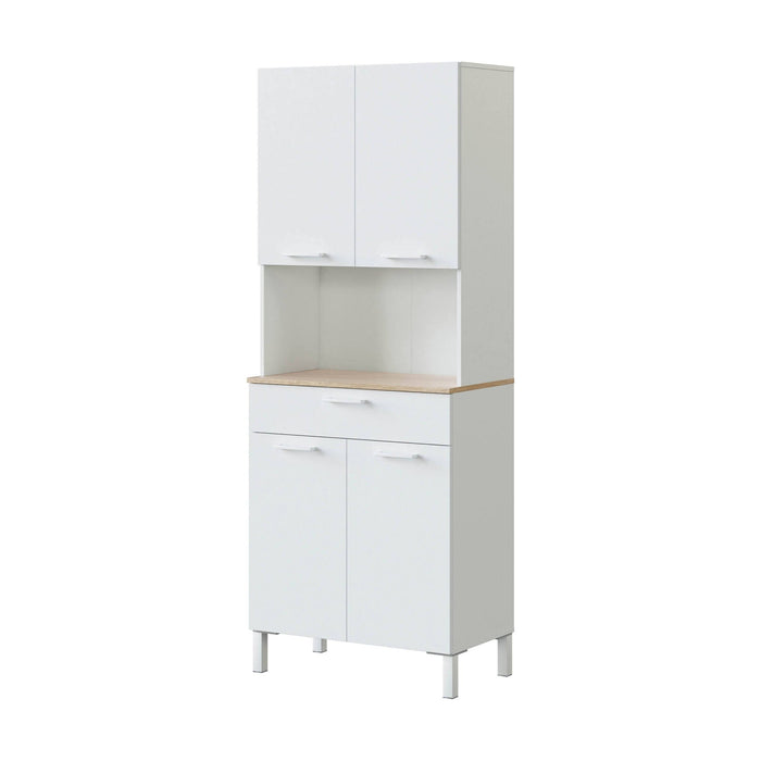 Armadio multiuso Dicentra, Mobile ausiliario da cucina, Credenza a 4 ante e 1 cassetto con ripiani, Armadio aperto, cm 72x40h186, Bianco e Rovere