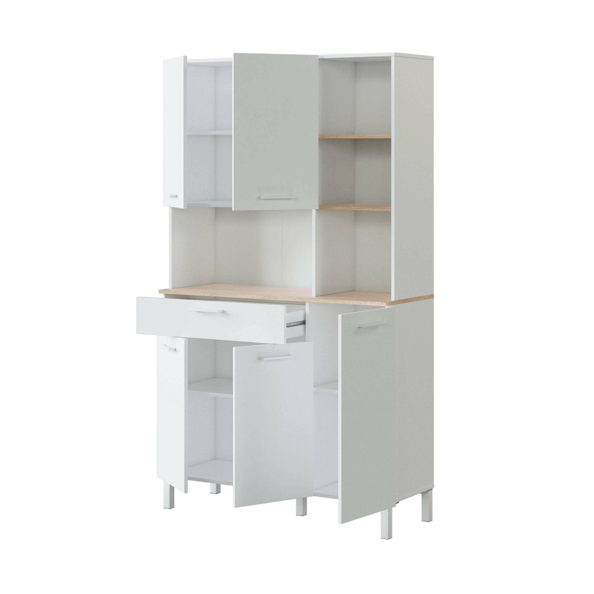 Armadio multiuso Abbaio, Mobile ausiliario da cucina, Credenza a 5 ante e 1 cassetto con ripiani, Armadio aperto, cm 108x40h186, Bianco e Rovere