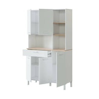 Armadio multiuso Abbaio, Mobile ausiliario da cucina, Credenza a 5 ante e 1 cassetto con ripiani, Armadio aperto, cm 108x40h186, Bianco e Rovere