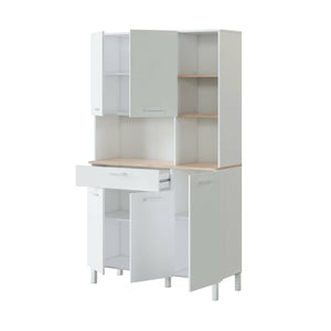 Armadio multiuso Abbaio, Mobile ausiliario da cucina, Credenza a 5 ante e 1 cassetto con ripiani, Armadio aperto, cm 108x40h186, Bianco e Rovere