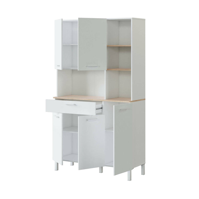 Armadio multiuso Abbaio, Mobile ausiliario da cucina, Credenza a 5 ante e 1 cassetto con ripiani, Armadio aperto, cm 108x40h186, Bianco e Rovere