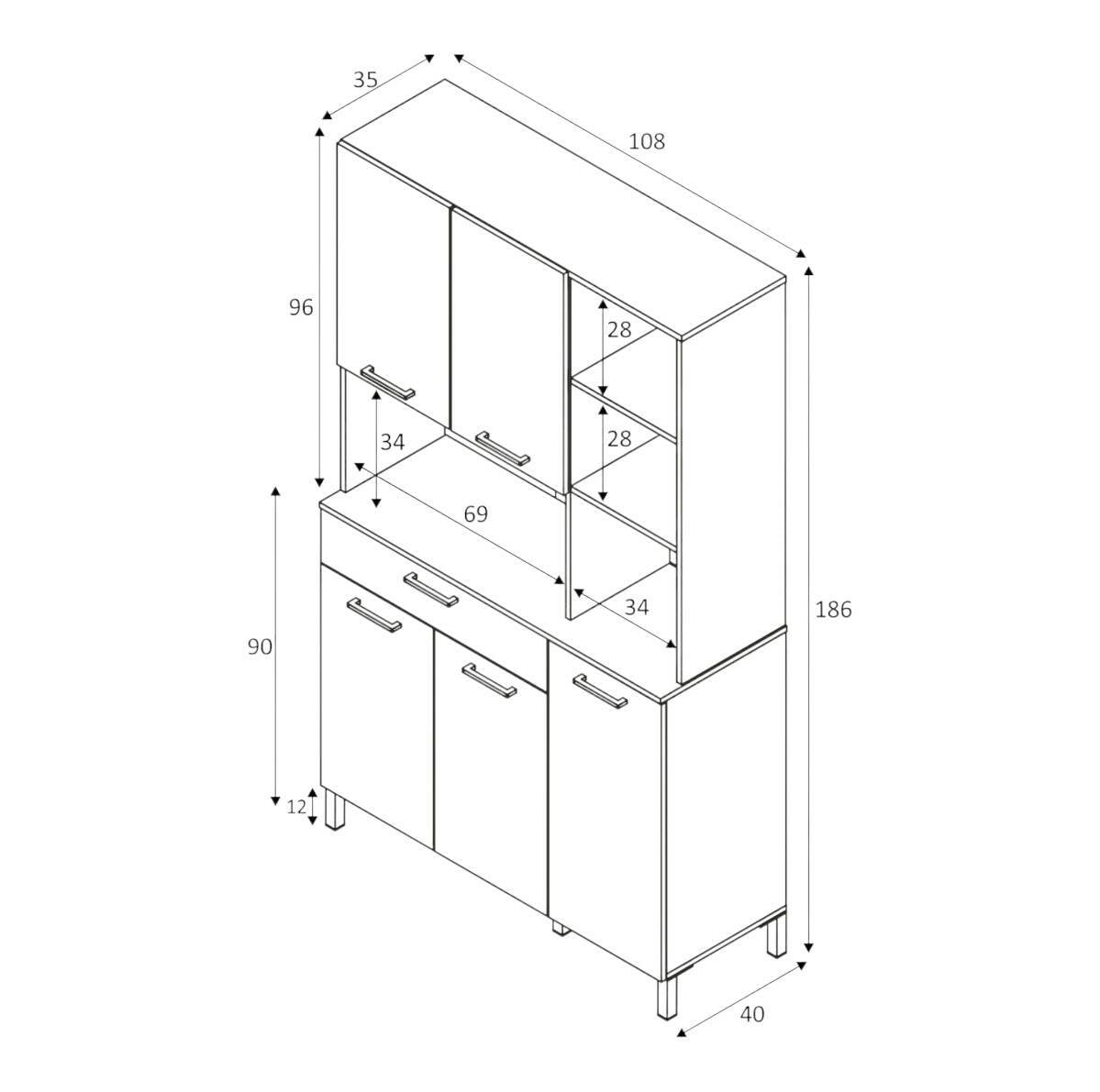 Armadio multiuso Abbaio, Mobile ausiliario da cucina, Credenza a 5 ante e 1 cassetto con ripiani, Armadio aperto, cm 108x40h186, Bianco e Rovere