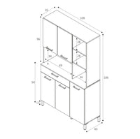 Armadio multiuso Abbaio, Mobile ausiliario da cucina, Credenza a 5 ante e 1 cassetto con ripiani, Armadio aperto, cm 108x40h186, Bianco e Rovere