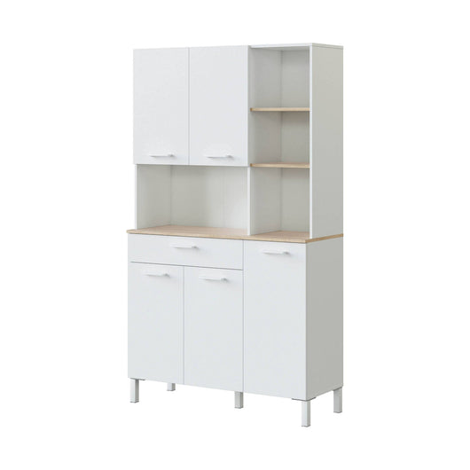 Armadio multiuso Abbaio, Mobile ausiliario da cucina, Credenza a 5 ante e 1 cassetto con ripiani, Armadio aperto, cm 108x40h186, Bianco e Rovere