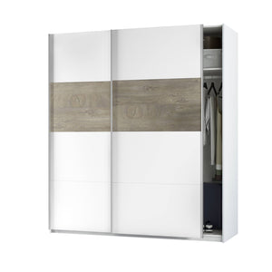 Guardaroba Ainu, Armadio per camera da letto a 2 ante scorrevoli, Mobile con barra appendiabiti e 3 ripiani, cm 180X60h200, Bianco e Rovere