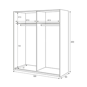 Guardaroba Ainu, Armadio per camera da letto a 2 ante scorrevoli, Mobile con barra appendiabiti e 3 ripiani, cm 180X60h200, Bianco e Rovere