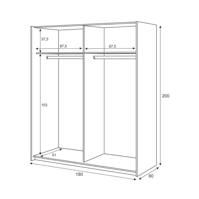 Guardaroba Ainu, Armadio per camera da letto a 2 ante scorrevoli, Mobile con barra appendiabiti e 3 ripiani, cm 180X60h200, Bianco e Rovere