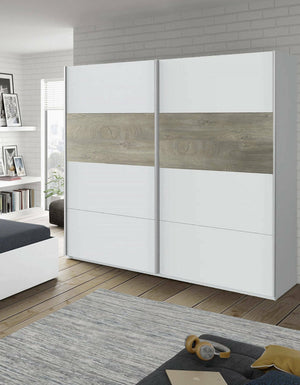 Guardaroba Ainu, Armadio per camera da letto a 2 ante scorrevoli, Mobile con barra appendiabiti e 3 ripiani, cm 180X60h200, Bianco e Rovere