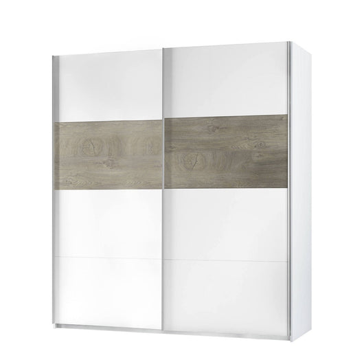 Guardaroba Ainu, Armadio per camera da letto a 2 ante scorrevoli, Mobile con barra appendiabiti e 3 ripiani, cm 180X60h200, Bianco e Rovere