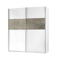 Guardaroba Ainu, Armadio per camera da letto a 2 ante scorrevoli, Mobile con barra appendiabiti e 3 ripiani, cm 180X60h200, Bianco e Rovere